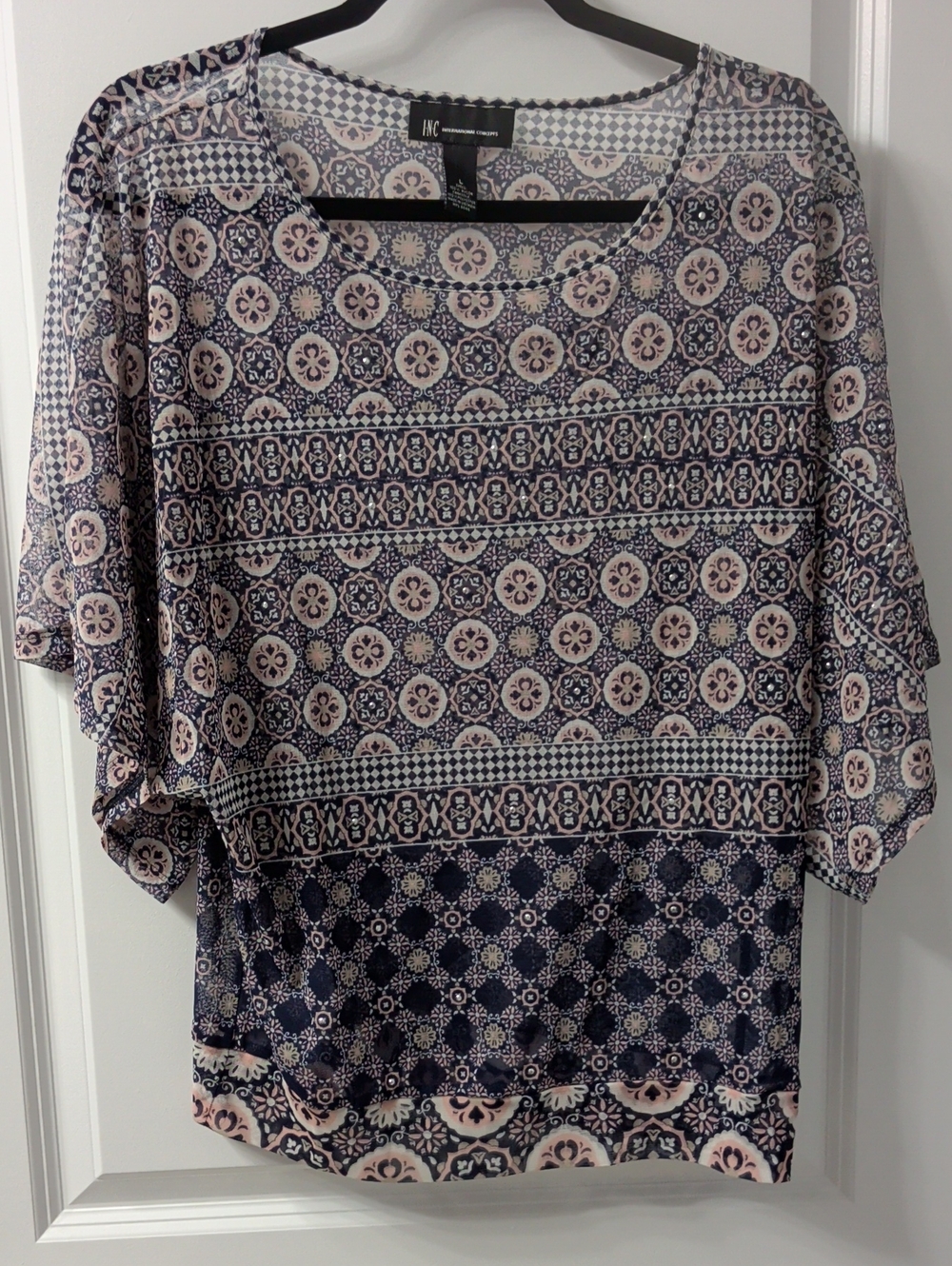 INC International Concepts Navy and Pink Printed Flutter Sleeve Top